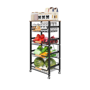 Fruit Vegetable Basket for Kitchen,5 Tier Pantry Organizer with Wheels,Snack cart with Wood Top,Metal Wire Storage Basket Organizer Baskets for Kitchen, Pantry, Bathroom