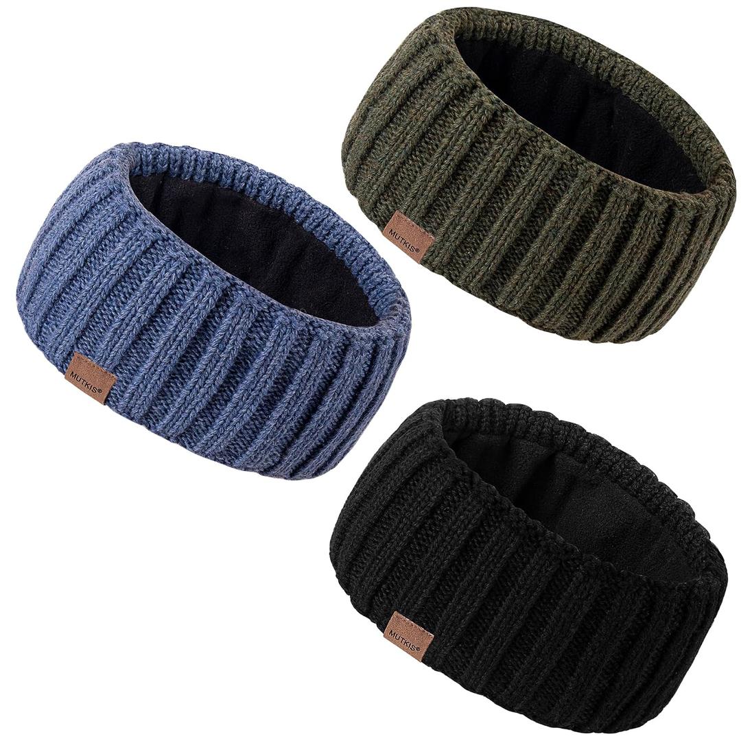 MUTKIS Winter Headbands for Women 3 Pack, Ear Warmers for Women Headband Wool Knit Thick Fleece Lined, Cold Weather Warm Ear Muffs(Black&Denim&Army)