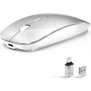 Wireless Mouse for Laptop, Bluetooth Mouse for MacBook Pro/Air/Mac/iPad/Chromebook/Computer -Rechargeale Dual Mode(USB 2.4Ghz + Bluetooth 5.2) Silent Cordless Mice with USB C Adapter,Silver