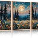 Large Nature Moon Wildflowers Framed Canvas Wall Art,Vintage Forest Flowers Wall Decor,Dark Mountain Night Painting,Wilderness Artwork for Living Room,Bedroom,Dining Room,Office -16"x24"x3