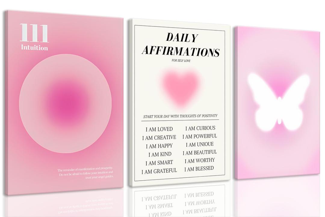 KISSFOX 3 Piece Canvas Wall Art Pink Heart Bow Wall Decor Aura Framed Art Self Love Angel Number Pictures Trendy Aesthetic Preppy Paintings For Apartment Dorm Women Girls Bedroom
