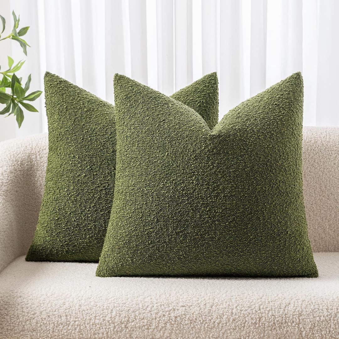 Pack of 2 Boucle Throw Pillow Covers Textured Square Decorative Pillowcases Accent Solid Cushion Covers Home Decor for Sofa Couch Living Room Home Decor 25x26 Inch Olive Green