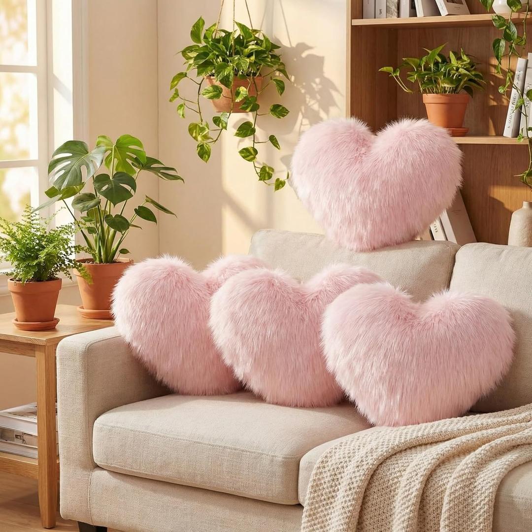 Maitys 4 Pcs Heart Shaped Pillows 12 x 16 Inch Faux Fur Throw Fluffy Cute Soft Throw Pillows Decorative with Insert for Anniversary Bedroom Living Room Sofa Couch (Pink)