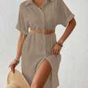 Bsubseach Womens Swimsuit Coverup Long Button Down Bathing Suit Cover Ups Short Sleeve Summer Beach Shirt Dress with Pockets Light Coffee XXL