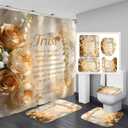 4 Piece Inspirational Quotes Shower Curtain Set with Rugs, Elegant Champagne Gold Floral Butterfly Bathroom Decor, Waterproof Fabric Bath Curtain with Non-Slip Bath Mat, U-Shape Rug & Toilet Lid Cover