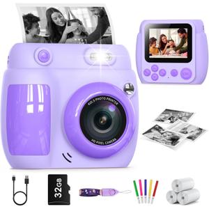 Kids Camera Instant Print, Birthday Gifts for Girls Boys with 3 Rolls Print Paper & 32GB Card, 48MP Toddler Digital Camera 1080P HD Video Toys Cameras for Kids 3-12, Purple