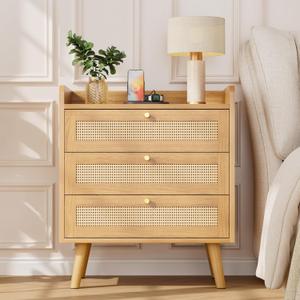 Rattan Night Stand with Charging Station, End Tables with 3 Drawer Dresser, Boho Bedside Table, Mid Century Modern Nightstand, RuralCabinet for Farmhouse Bedroom Living Room Sofa Couch Office Corner