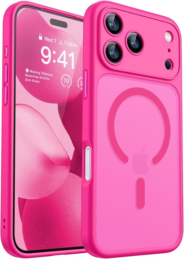CANSHN Magnetic Compatible with iPhone 17 Pro Max Case, Upgraded [Full Camera Protection] [Compatible with Magsafe] [Translucent Matte] Shockproof Protective Phone Cover 6.9 Inch - Hot Pink