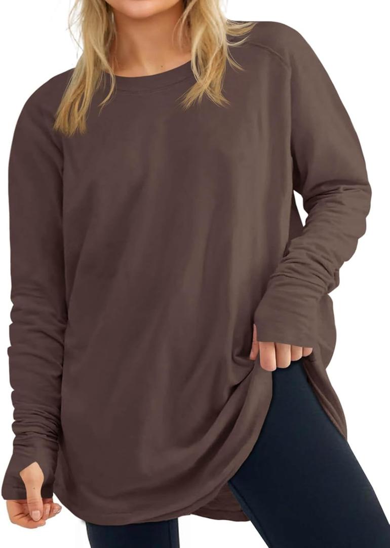 Women's Plus Size Long Sleeve Tunic Top Crew Neck Summer Oversized Fit Basic T Shirts Blouse (4X-Large Plus, Deep Coffee)