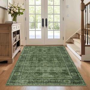Washable Area Rug for Living Room Bedroom Dining Room Non-Slip Low Pile Boho Vintage Distressed Entryway Rug Traditional Floral Retro Accent Throw Carpet for Dining Room Bathroom Kitchen Green 3x5 