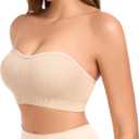 Strapless Bras for Women Non-Slip Padded Bandeau Bra Wireless Tube Top Bra Including Clear Straps (Beige, L)