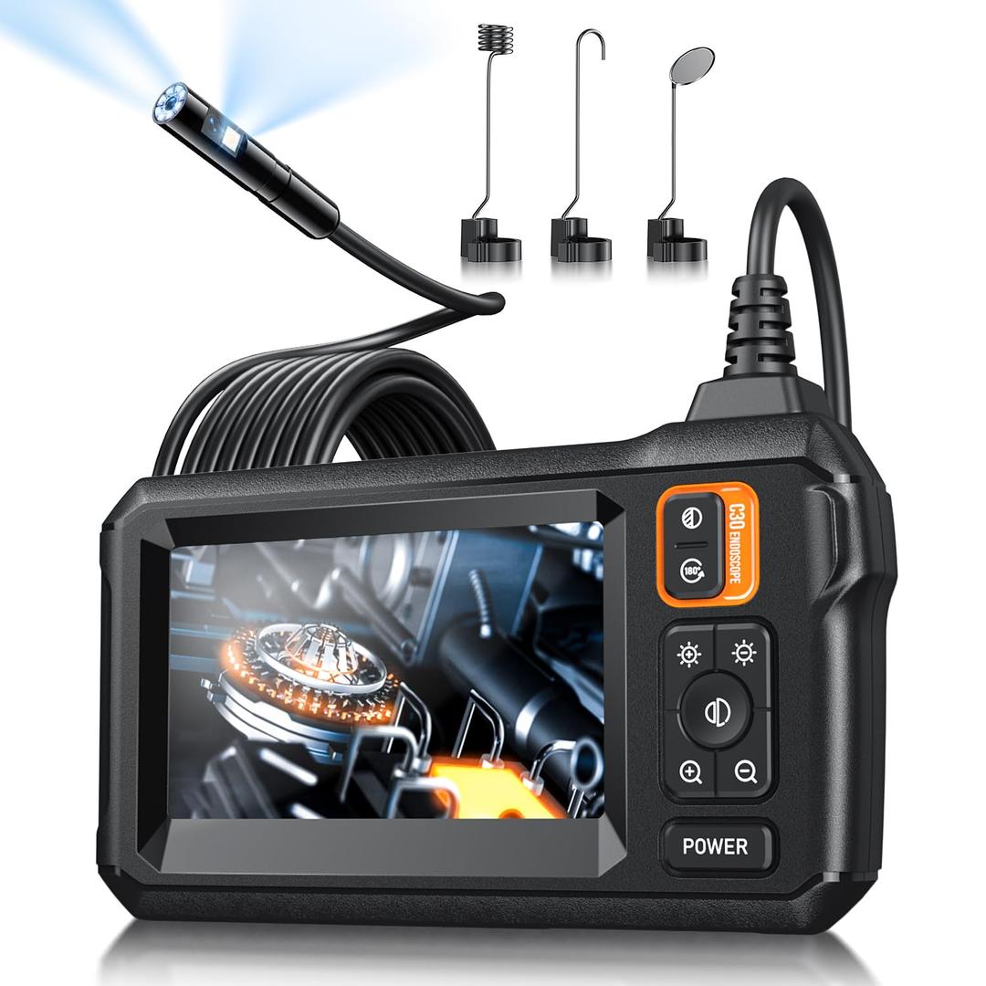 Endoscope Camera with Light, Inspection Borescope Camera with 4.3" IPS Screen, 1920P HD with 8 LED Lights, 10FT Semi-Rigid Cord Bore Scope, IP67 Waterproof Endoscope for Sewer, Dual Lens(Orange)