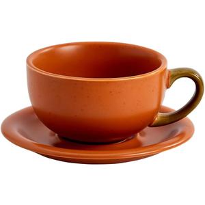 Coffeezone Vintage Design 12 oz Ceramic Latte Art Cappuccino Barista Cup with Saucer (Pumpkin Orange)