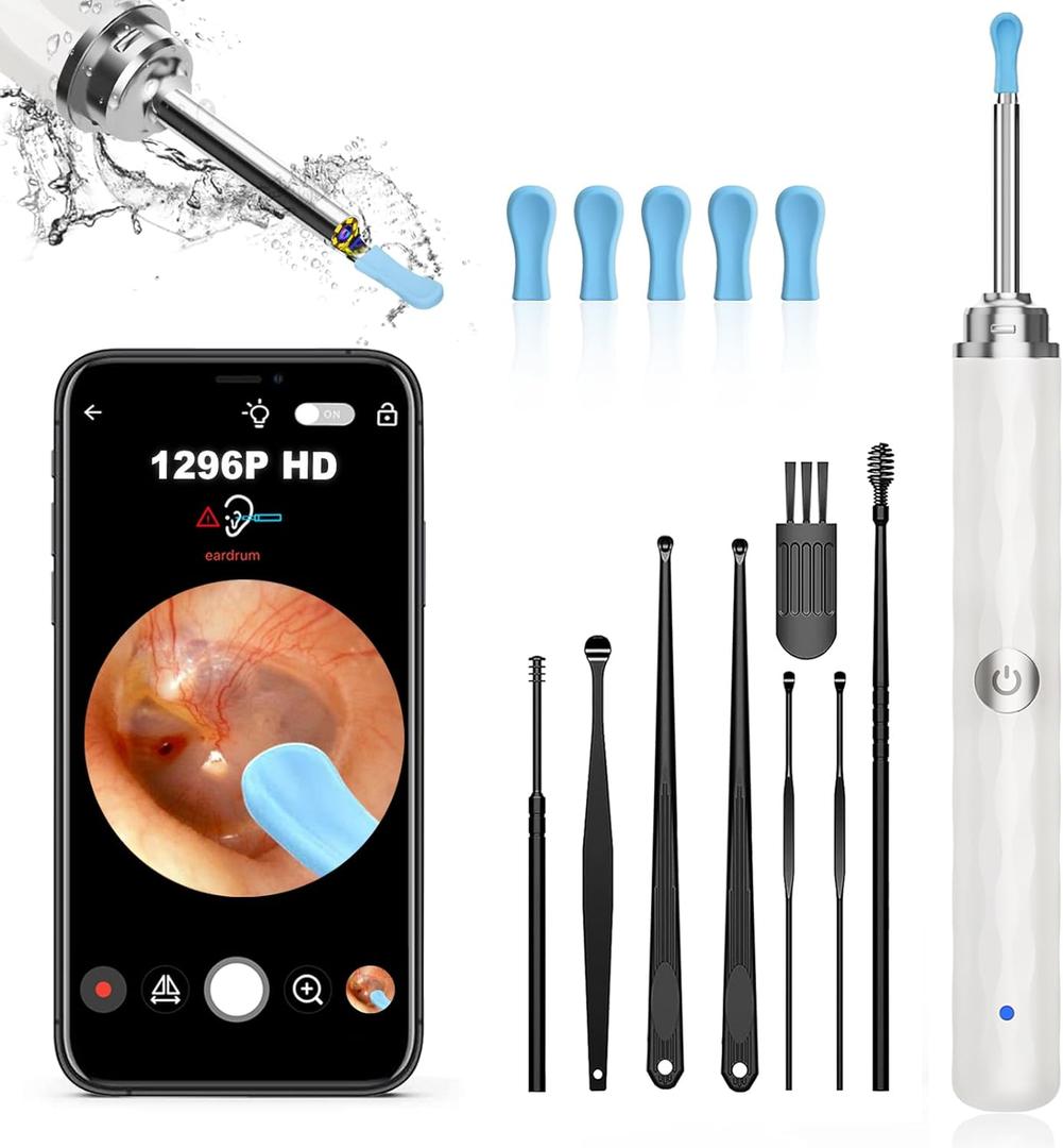 2 x Ear Wax Removal, Ear Cleaner with Camera and Light, Ear Wax Removal Kit with 1296P Otoscope, Ear Cleaning Tool with 6 Ear Spoon, Ear Camera for iPhone & Android Phones,White