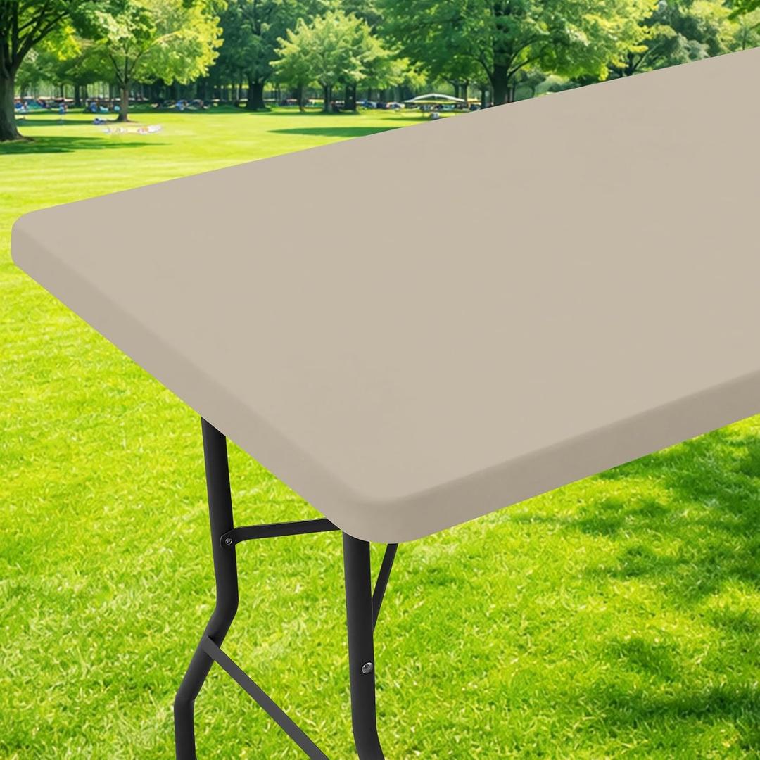 Moosfor Spandex 6 Foot Rectangle Table Cloth, Elastic Fitted Tablecloths for Picnic, Stretch Washable Patio Table Cover for Outdoor, Camping, Banquet and Parties (Taupe, 30"x72")