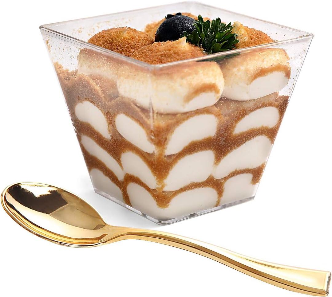 supernal 100pcs Square Plastic Dessert Cups (4oz) with 100pcs Mini Gold Plastic Spoons, Plastic Parfait Appetizer Cup, Medium Clear Dessert cups Perfect for Cakes, Ice Cream, Desserts Appetizers