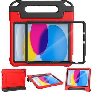 YIHE Kids Case for iPad (A16) 11th Generation 11 Inch 2025 & iPad 10th Generation 10.9 inch 2022, with Built-in Screen Protector and Handle Stand, Full Body Shockproof Protective Cover, Red Black