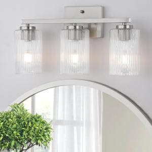 3 Light Brushed Nickel Bathroom Vanity Light Over Mirror, Modern Vanity Lighting with Texture Glass Shade, Wall Mount Bathroom Light Fixtures, E26 Base