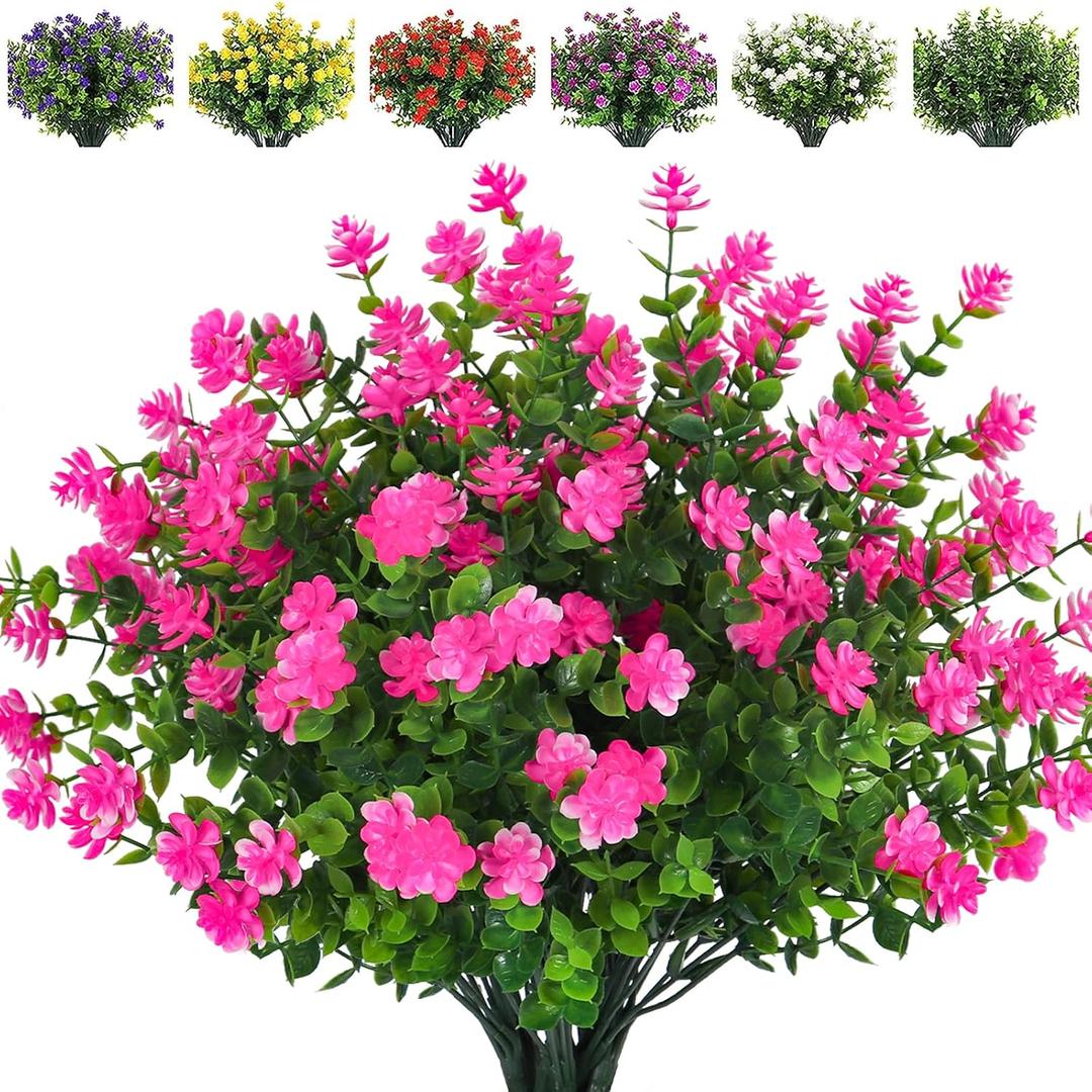RECUTMS Artificial Flowers Outdoor Artificial Fake Flowers Fake Greenery Fake Plants Faux Outdoor Plastic Plants UV Resistant Shrubs Boxwood Plant Eucalyptus Hanging Basket Home Garden Decor (Pink)