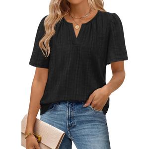 MEROKEETY Women's Summer Business Casual Blouse Tops Dressy Short Sleeve V Neck Loose Fit Work T Shirts (Large, Black)