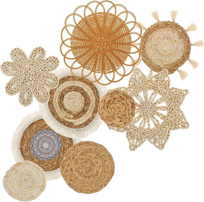 9 Pcs Boho Wall Basket Decor, Rattan Wicker Boho Wall Decor, Hanging Woven Basket Wall Decor, Round Handmade Wall Art for Living Room Bedroom Display Table Settings Home Christmas Decoration (Wood)