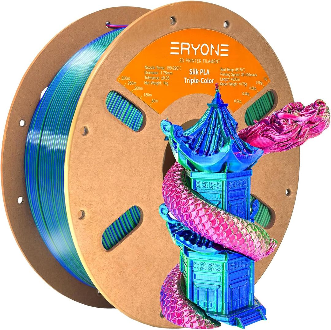 ERYONE Silk Tri Color PLA Filament 3D Printer 1.75mm +/- 0.03mm, Multicolor Filament Tricolor PLA 1KG(2.2lbs) Cardboard Spool, Red Blue Green