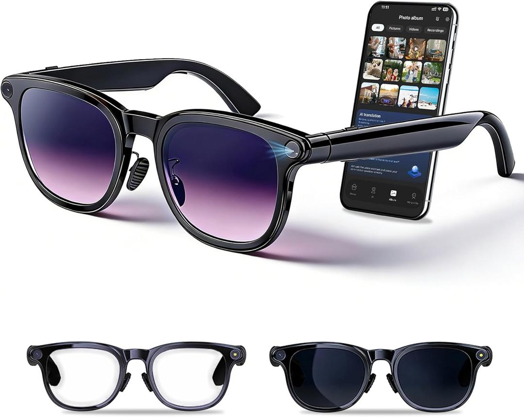 AI Smart Glasses with Camera, 8MP Camera Photos & 1080P Video Recording, Real-Time Translation, Voice Assistant, Open-Ear Audio for Vlogging, Travel, Business (3 Lenses)