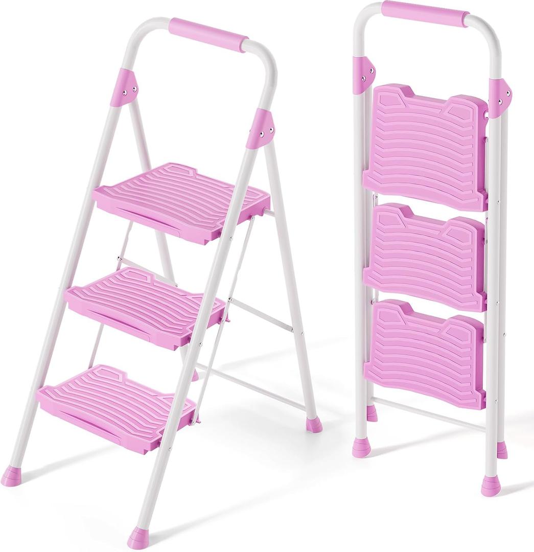 KINGRACK 3 Step Ladder, Sturdy Step Stool with Handrail, Anti-Slip Wide Pedals, 900lbs Foldable Step Stool for Home, Garage, Garden, Household, Large Loading Capacity, Pink