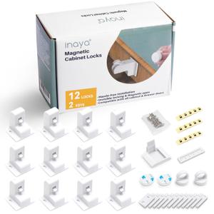 Inaya Magnetic Cabinet Locks Baby Proofing, 12 Locks & 2 Keys, Child Proof Magnet Locks for Cabinet Drawers with Invisible Design, 3M Adhesive for Easy Installation - No Drill & Tools Needed