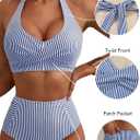 Herseas Women's High Waisted 2 Piece Bikini Sets Halter Patch Pocket Swimsuits Striped Bathing Suit Beach Swimwear 2026 (Blue, M)