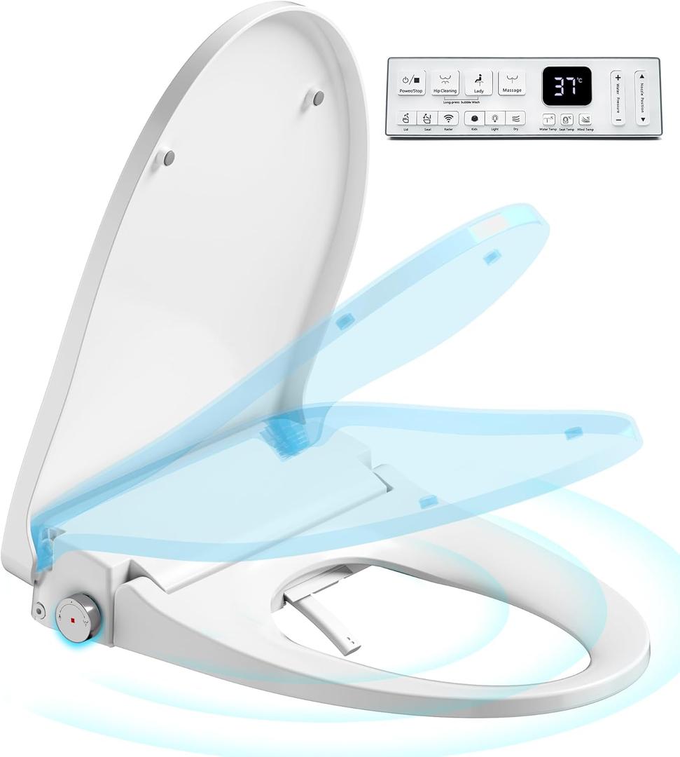 Upgrade Auto Open & Slow Close Lid Electric Heated Bidet Toilet Seat with Dryer and Warmer Water for Elongated, Endless Warmer Water, Remote Control, Curved Spray Bar, 70" Power Cord, Clean Water