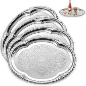 4 Pack Silver Serving Trays Set 20 x 15 Inch, Stainless Steel Serving Tray