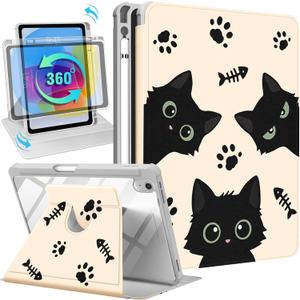 for iPad A16 Case for iPad 10th Generation Case 10.9 inch - 360 Degree Rotating Stand Folio Smart Cover with Pencil Holder for Women Girls, Black Cats for Apple Tablet 10th 2022/11th 2025