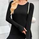 Fisoew Womens Long Sleeve T Shirts Crew Neck Basic Fall Fitted Tops Running Yoga Athletic Shirts with Thumb Hole (Black)
