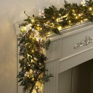 2 Sets Christmas Garland 6.6ft. Cedar White Berry with Lights Artificial Pine Garland Holiday Winter Table Runner for Stair Decoration Fireplace Centerpiece Background Decoration