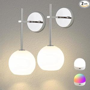 Chrome Battery Operated Wall Sconces Set of 1, Rechargeable Wireless Wall Lights with Milky White Frosted Glass Shade, 12 RGB and 3CCT Dimmable, Wall Lamps with Remote for Bedroom Living Room Hallway