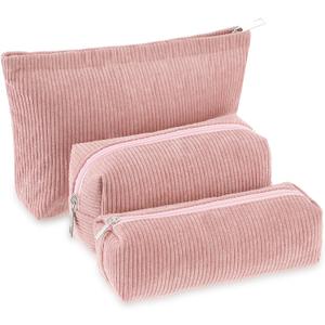 3 Pcs Makeup Bag Set for Women Corduroy Cosmetic Pouch Aesthetic Smile Travel Toiletry Bag Cute Purse Pouch Pencil Case Makeup Brushes Storage Organizer for Christmas(Pink,Solid Style)