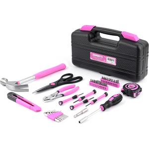 40-Piece Home Tool Kit with Easy Carrying Box, Small Basic Hand Tool Set Perfect for DIY Building, Home Maintenance and Woodworking, Great for College Students - Pink