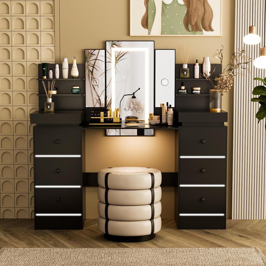 Vanity Desk & LED Lights, Makeup Vanity with Mirror with 8 Drawers& 6 Shelves,Vanity 3 Lighting Modes Brightness Adjustable Drawers Atmosphere Light