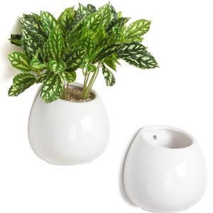 MyGift 6-inch White Ceramic Wall Planter Vase - Hanging or Desktop Succulent Plant String of Pearls Cactus Indoor Pots, Set of 2