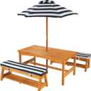 KidKraft Outdoor Wooden Table & Bench Set with Cushions and Umbrella, Kids Backyard Furniture, Navy and White Stripe Fabric (Natural)