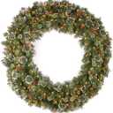 National Tree Company 60 in Pre-Lit Flocked Wintry Pine Artificial Christmas Wreath, Christmas Decoration with Pinecones, Red Berries, 300 Clear Lights, 654 Tips, Green