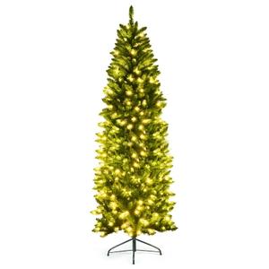 7Ft Pre-lit Artificial Pencil Christmas Tree Hinged Fir PVC Tree with 350 LED Lights