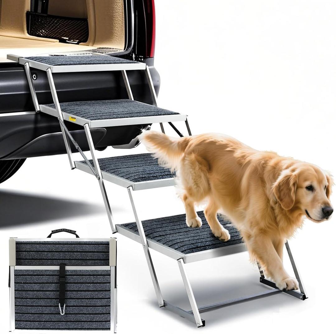 Dog Stairs for Car, Extra Wide Stairs for Large Dogs, Pet Steps Aluminum Foldable Dog Steps for Cars and SUV, High Beds, Trucks, Supports up to 200 lbs (Extra Wide-4 Steps)