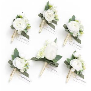 Ling's Moment Boutonniere for Men, 6pcs Groom Groomsmen Boutonniere, Artificial Flowers for Wedding Decor/Prom/Homecoming, etc.White Ranunculus Pearl