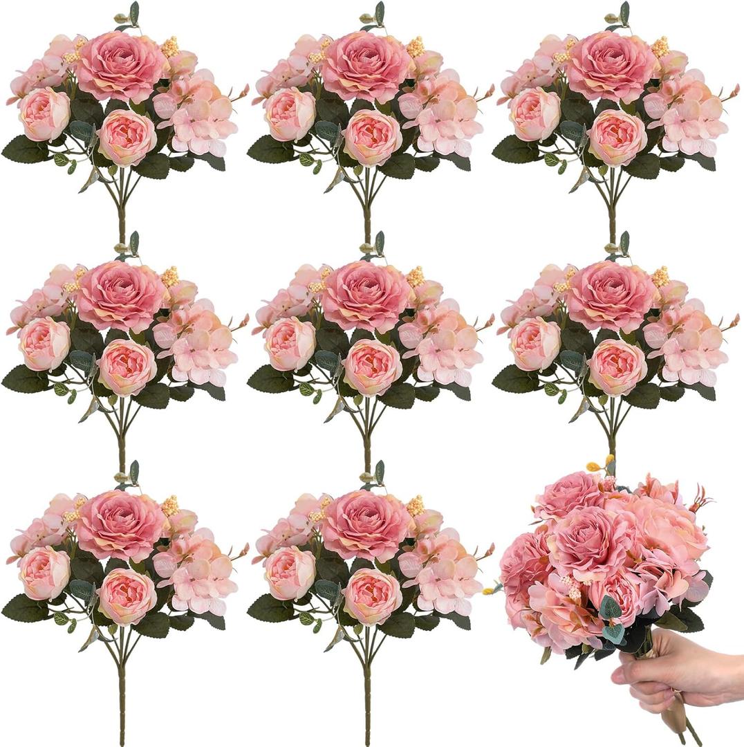 Yunsailing 8 Packs Artificial Peony Flowers Faux Silk Hydrangea Bouquet Vintage Wedding Home Table for Door Decor Reusable Bouquet of Rose Flowers for Valentine Wedding Birthday Party(Light Pink)