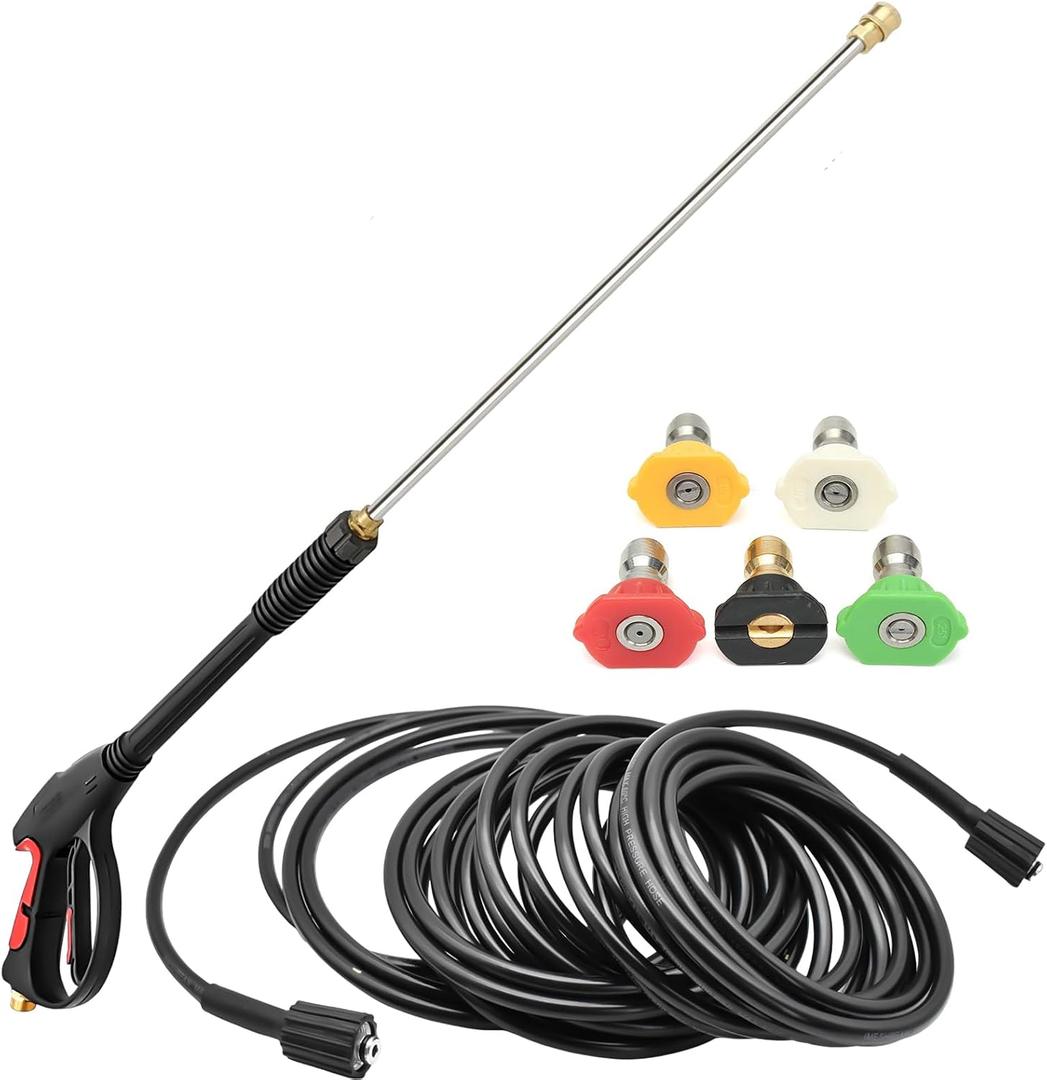 Pressure Washer Gun and Hose Kit, 4000PSI Power Washer Gun with 50FT Power Washer Hose & Extension Wand for Gas & Electric Pressure Washers,40 Inch Adjustable Length, M22 Fitting, 5 Spray Tips