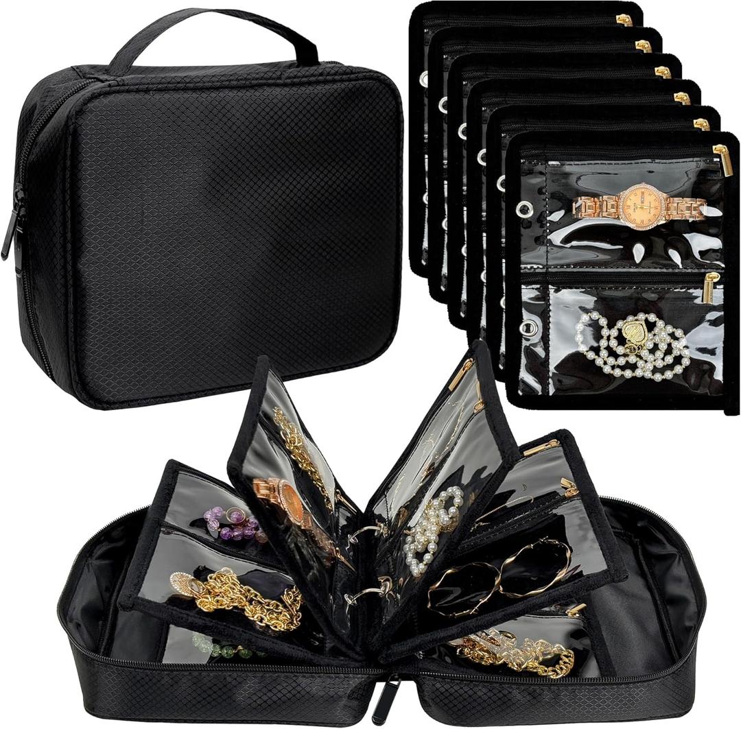 Travel Jewelry Organizer Case,Jewelry Bags for Traveling, Jewelry Binder with 24 Pcs Clear Zipper Velvet Pouches for Storing Earrings, Rings, Necklace, Bracelet, Watch (Black)