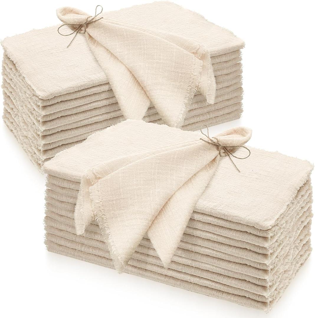 24 Pcs Beige Linen Napkins Bulk, Handmade Cloth Napkins with Fringe 16.5 x 16.5 Inch Cotton Linen Napkin Washable for Party, Weddings, Dinner, Birthday