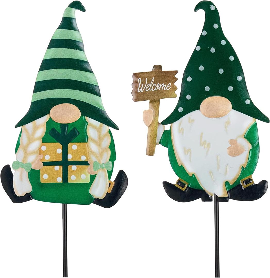 TERESA'S COLLECTIONS St. Patricks Decorations Outdoor for Home, 2Pcs Metal Gnome Decor Garden Stakes, Saint Patricks Yard Art Welcome Signs Gifts, Luck of The Irish Decor Yard Lawn Porch, 23" (Medium, Green)